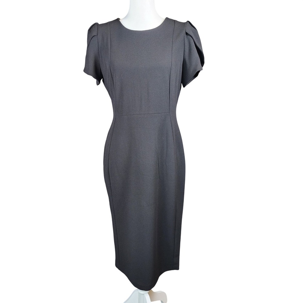 Calvin Klein Sheath Dress Womens 10 Black Tulip Sleeve Gold Zip Office Career